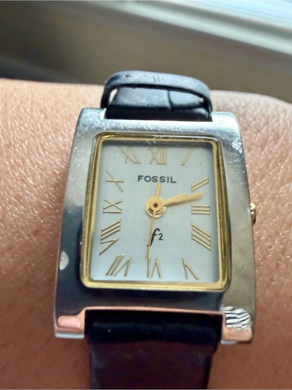 Fossil Silver-Tone Rectangular Watch with Black Strap